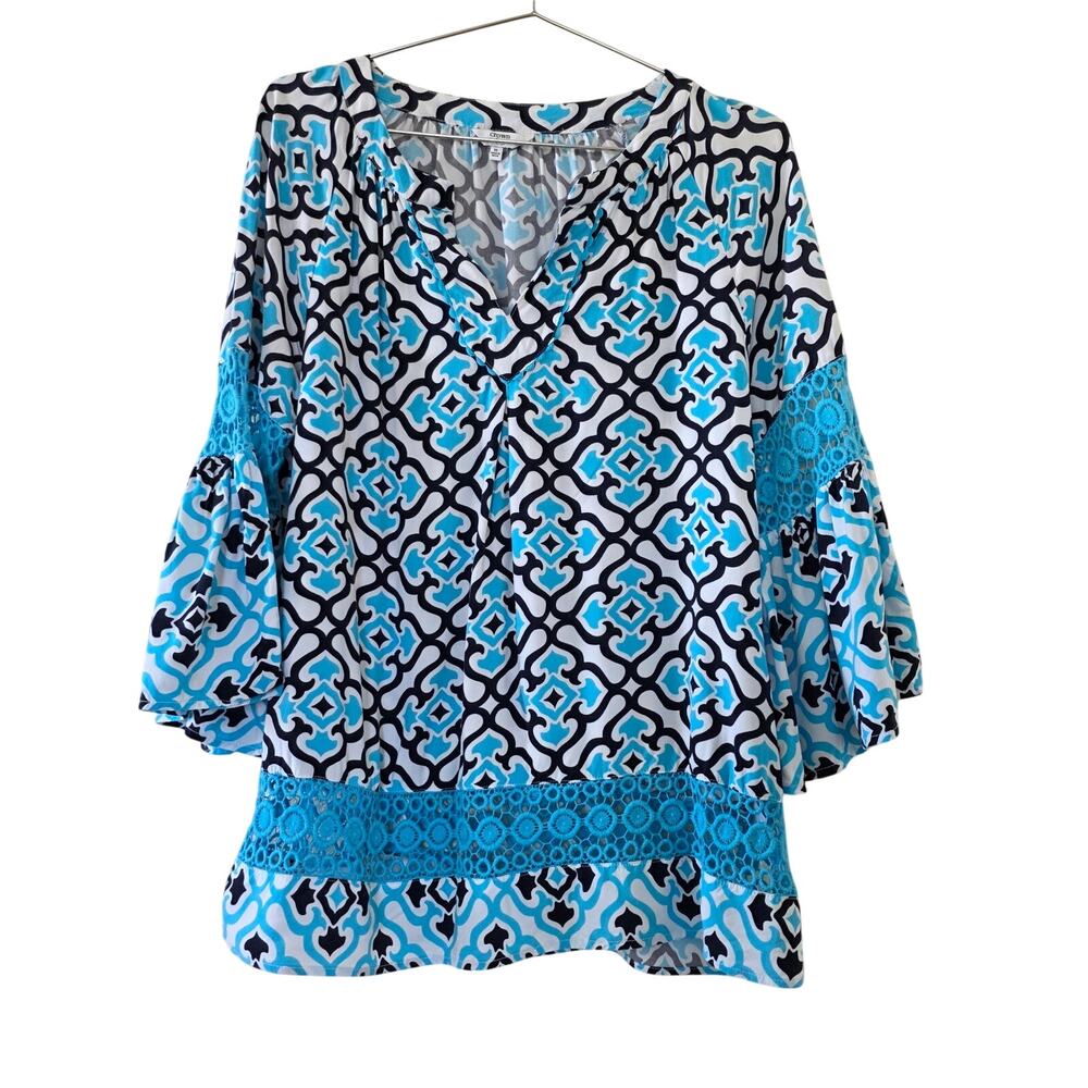 Crown & Ivy Crochet Tunic Top Blue Black White Bell Sleeve Womens Size M